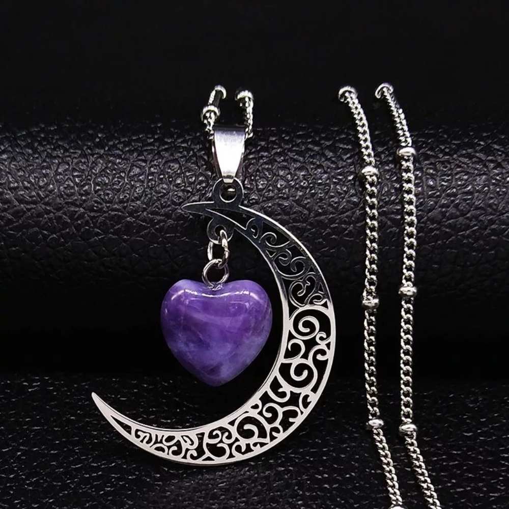 Purple Crystal Crescent Moon Pendant Necklace